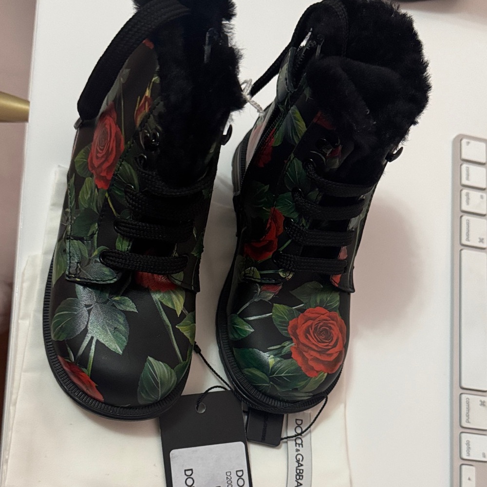Dolce & Gabbana Black Boots with Red Floral Design